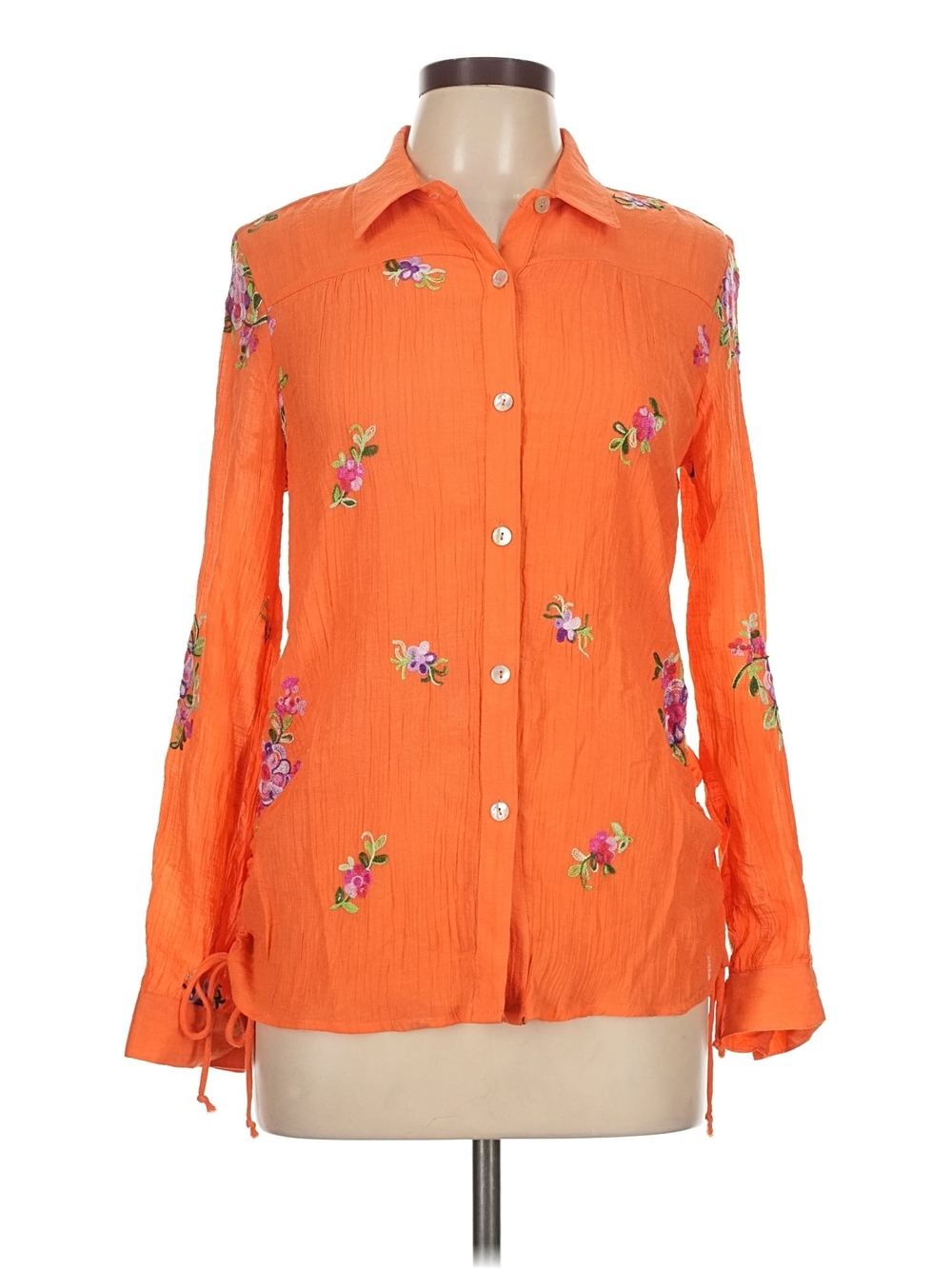 Embroidered Orange Button-Down Blouse